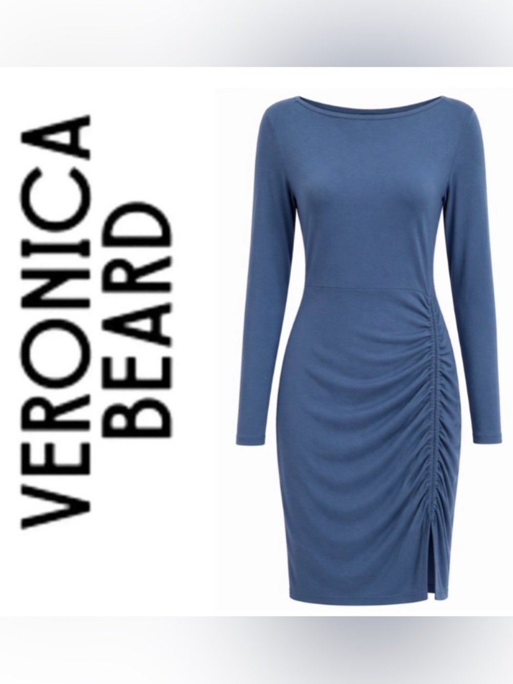 Veronica Beard Slate Blue Long Sleeve Ruched Side Dress